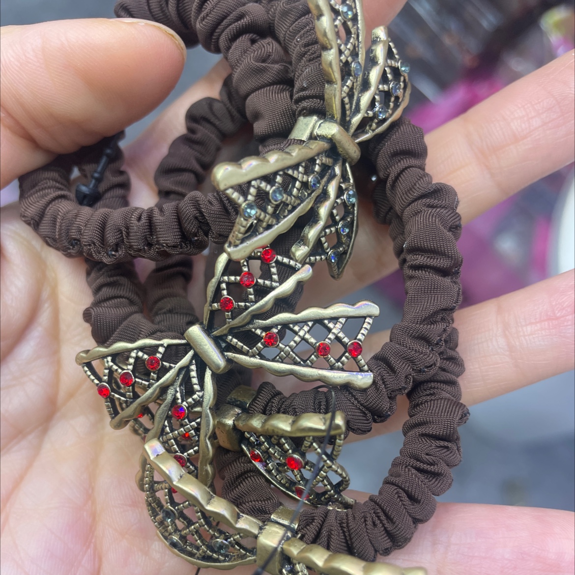 Korean version of the Internet red coffee color bow tie delicate head cloth circle alloy small rubber band thumbnail