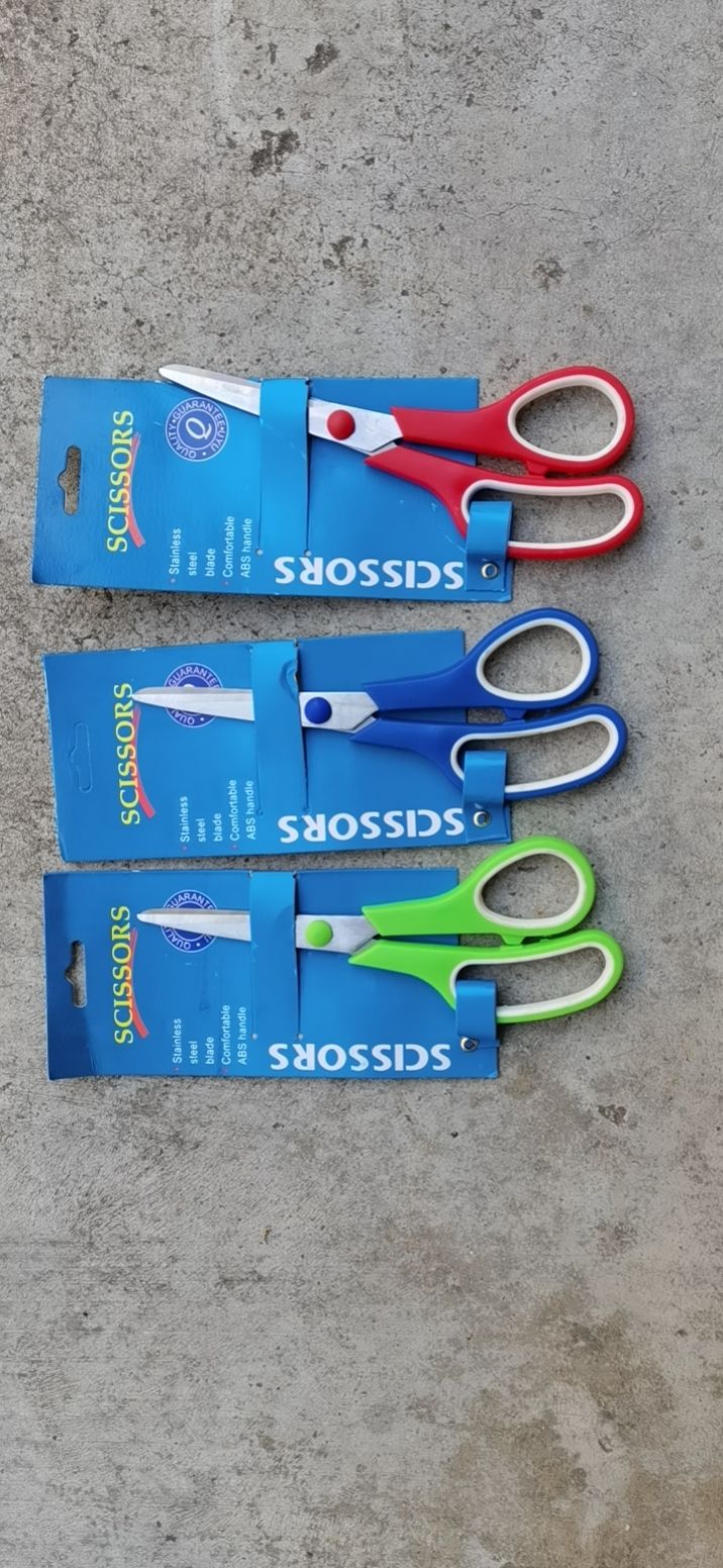 Rubber and plastic scissors with color handles, rubber and plastic scissors, office scissors, office and educational hardware knives and scissors, hardware tools, knives and scissors full figure