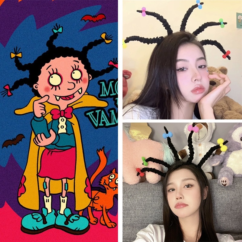 Mona The Witch Headband Cute Twister Stick Fried Hair Braid Black Funny Halloween Party Costume full figure