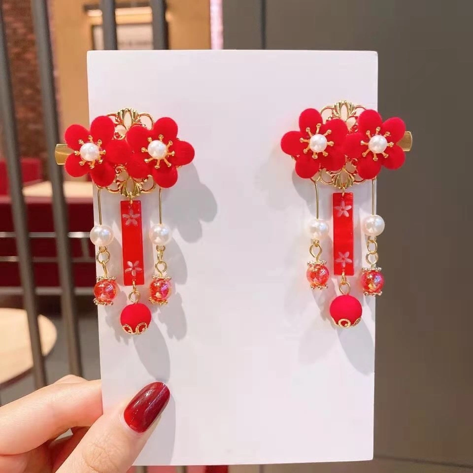 Red printed style, cute little girl, ancient and elegant Su Miaoqiu, Chinese red hair clips, children's Hanfu headwear, wind hair clips, hair accessories, hair clips, headwear, Oushangni 003, direct supply at discounted price Application Scenario