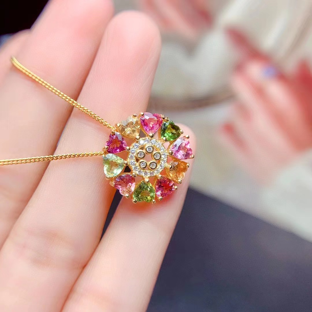 Imitation natural candy color tourmaline pendant female rainbow multicolor streamer gradient color diamond jewel necklace