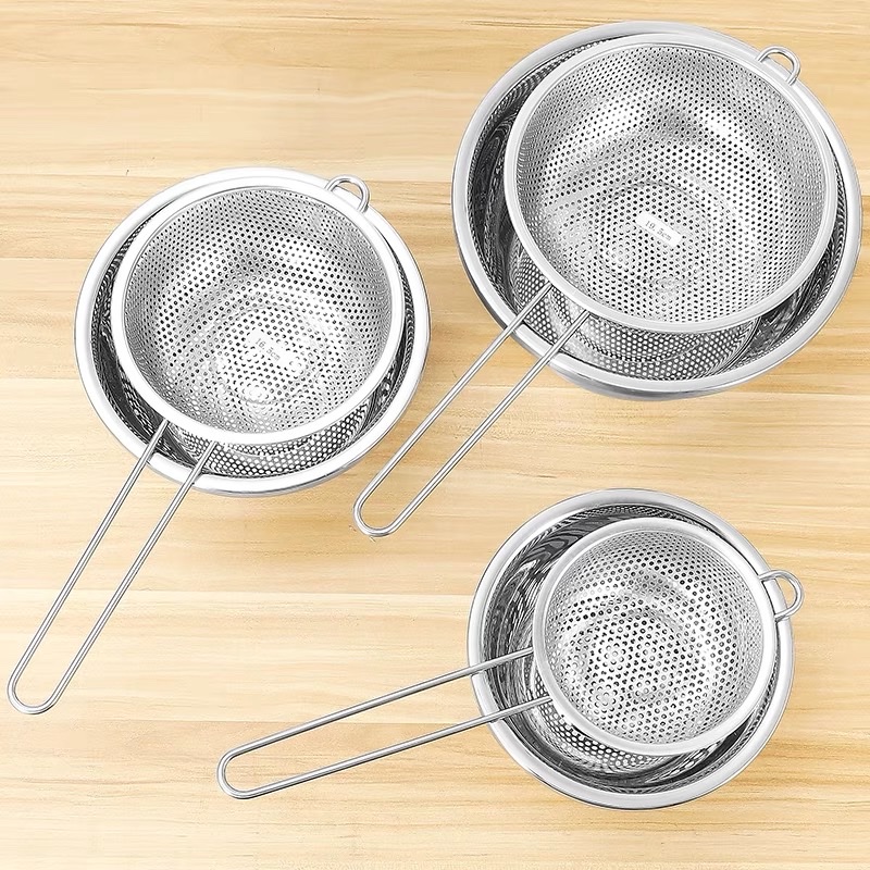 Thickened stainless steel single-handle perforated multi-purpose basin washing fruit basket washing basin draining oil basin multi-purpose rice washer