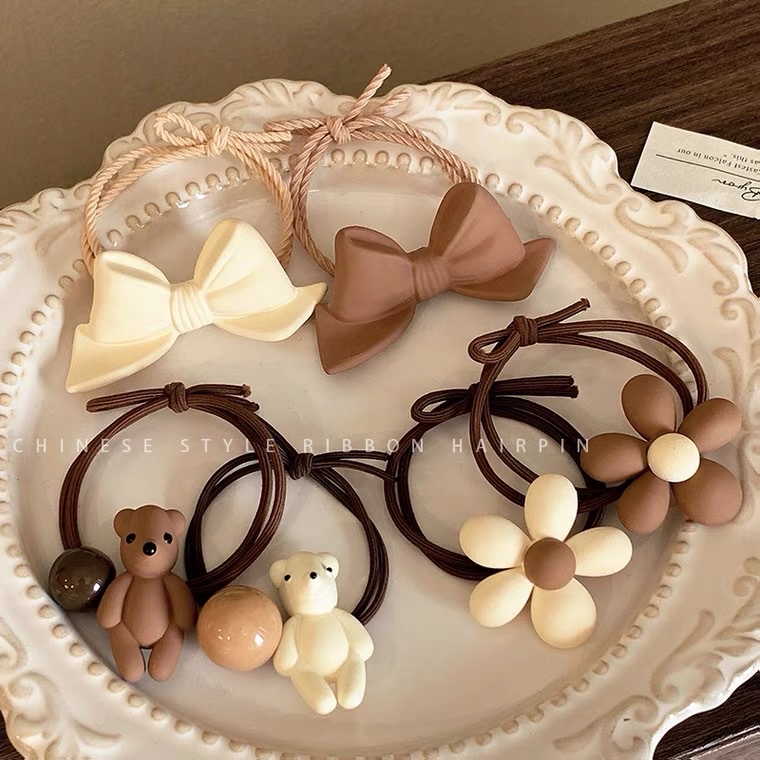 Vintage hair tie Flower bow hair circle High elastic tie hair elastic band cute girl ponytail rope headwear
