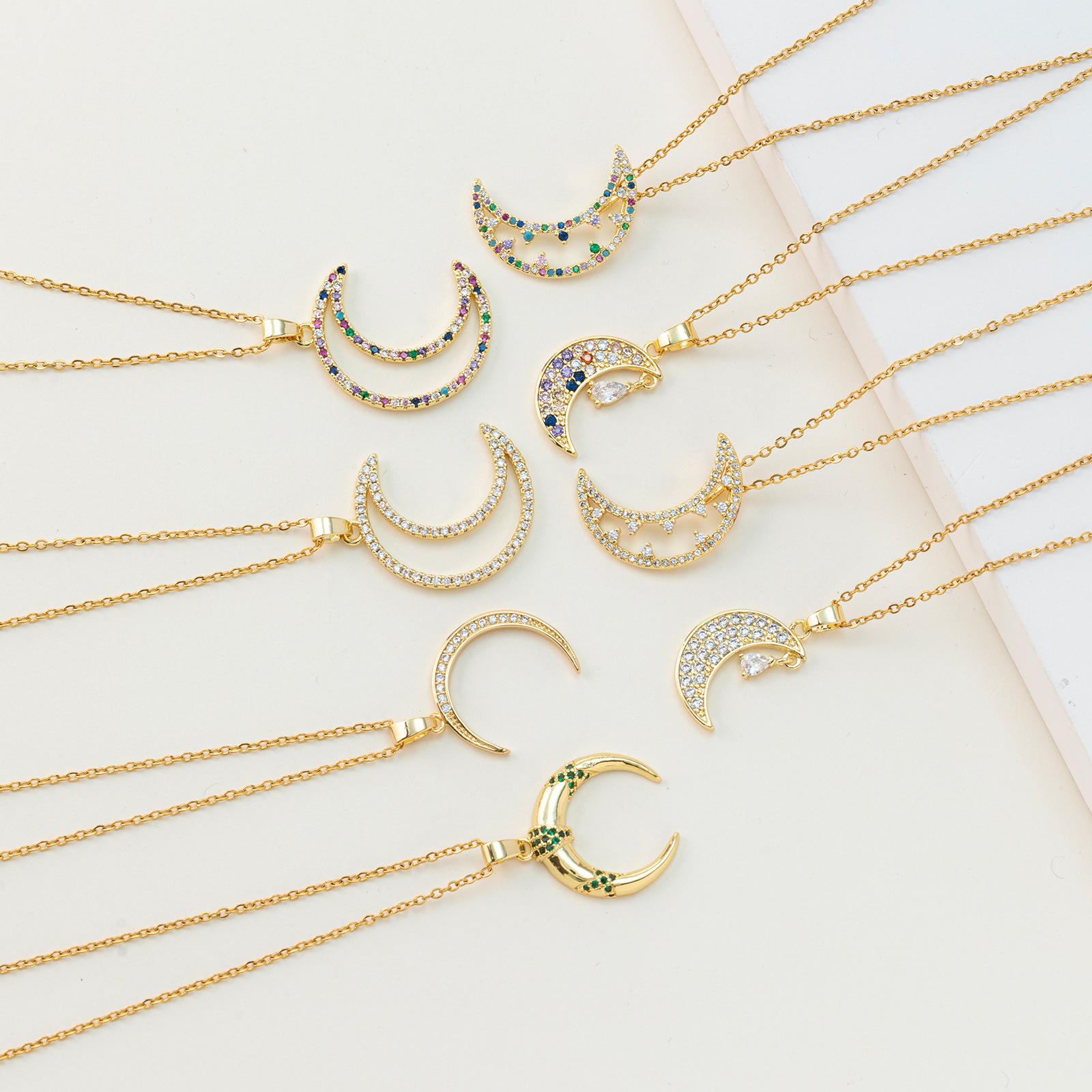 Cross-Border New Popular Crescent Zircon Necklace Copper Micro Inset Pendant Simple Stainless Steel Collarbone Chain Factory Direct Sales