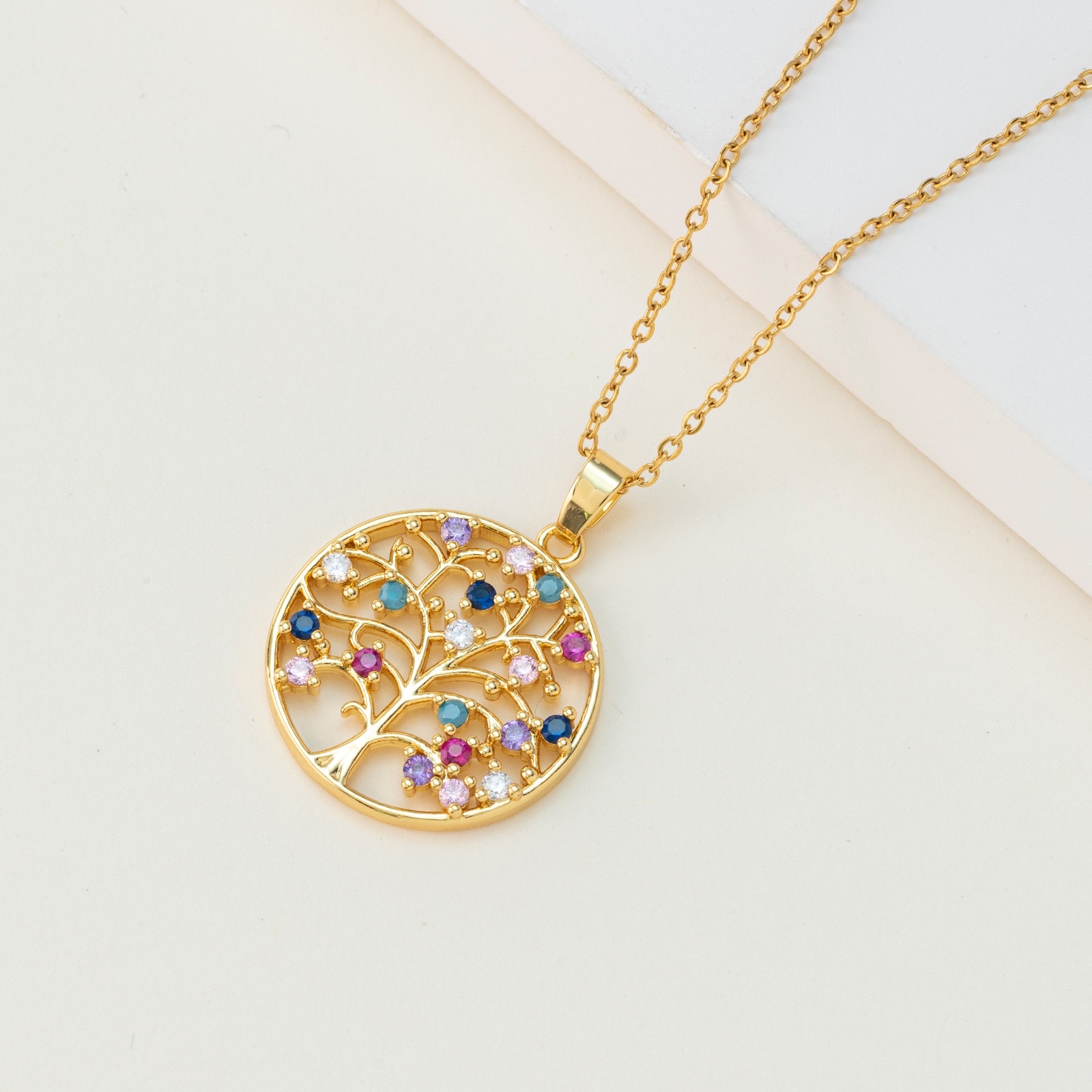 New Creative Colorful Tree Life Tree Pendant Necklace Micro-Inset Zircon Necklace Women Europe And America Cross-Border Sweater Chain Item Picture