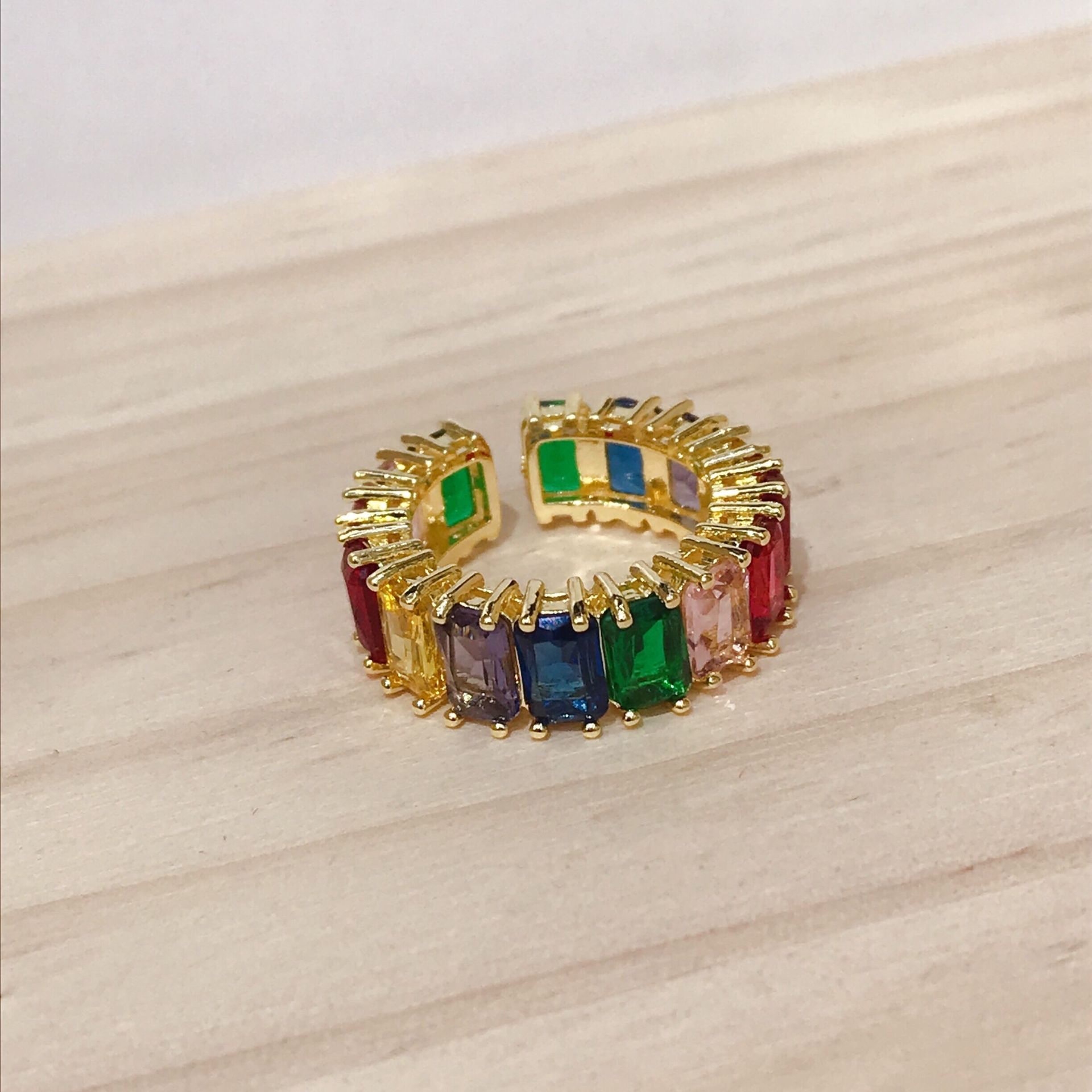 Net Red Explosive Cold Wind Geometric Color Crystal Rainbow Rectangular Open Ring Ring Open Ring Japanese And Korean Sen Specification drawing