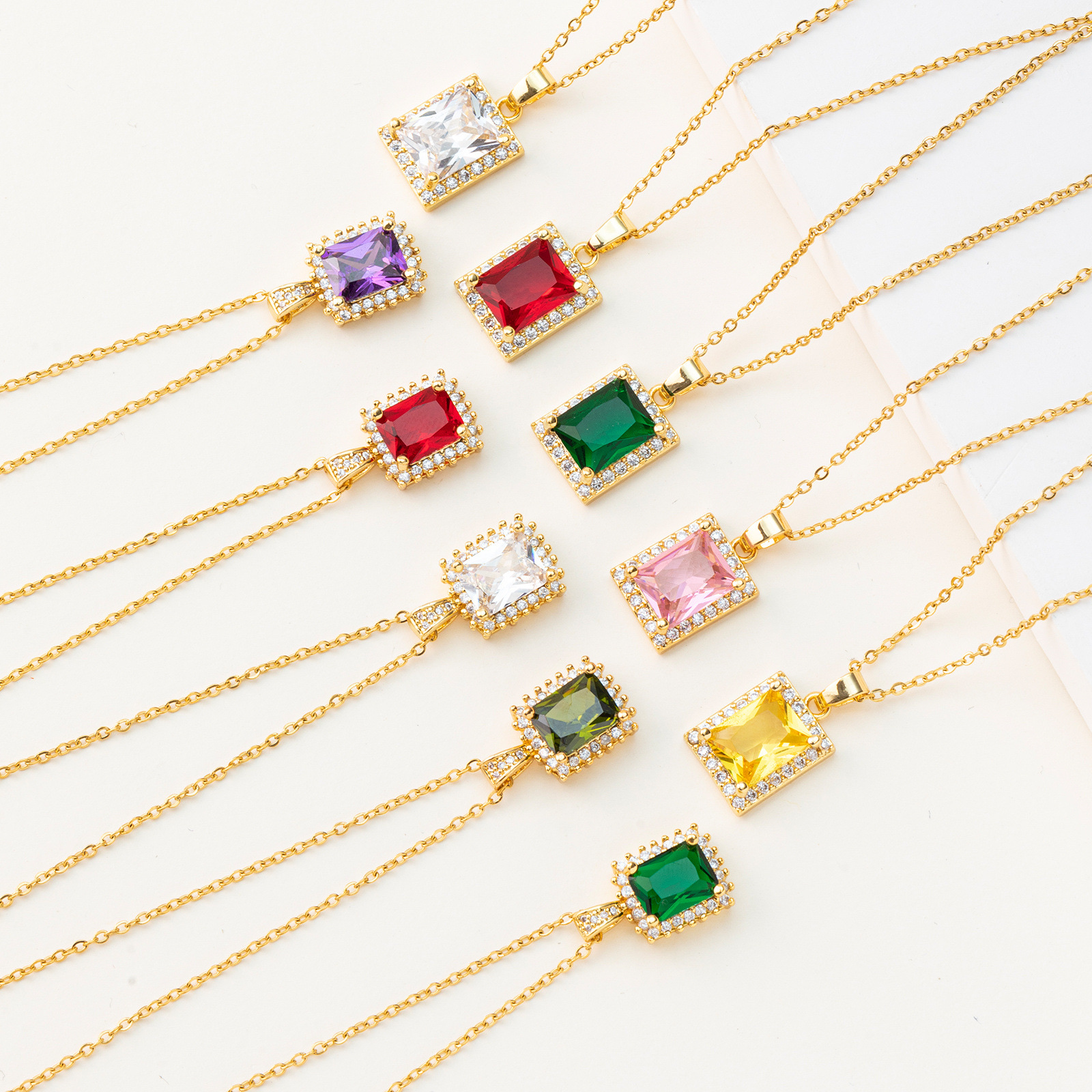 Cross-Border Personality Zircon Gem Crystal Pendant Rectangular Necklace Wholesale Women's Collarbone Chain Ins Wind Niche Accessories
