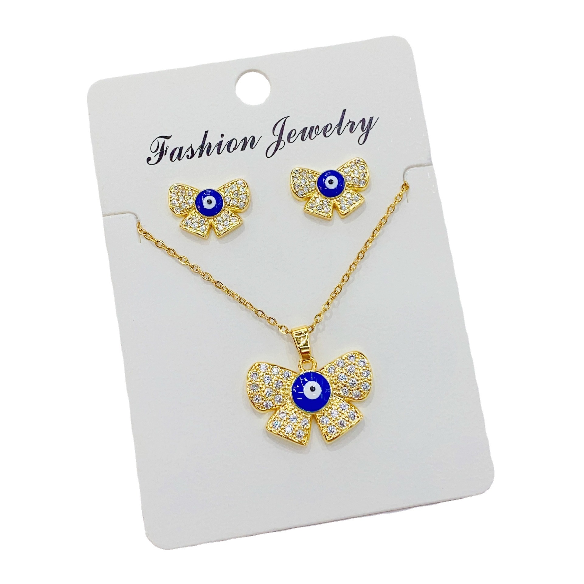 European-American Cross-Border Instagram Wind Devil's Eye Earrings Necklace Set Pendant Copper 18K Butterfly Festival Eye Necklace Earrings Item Picture