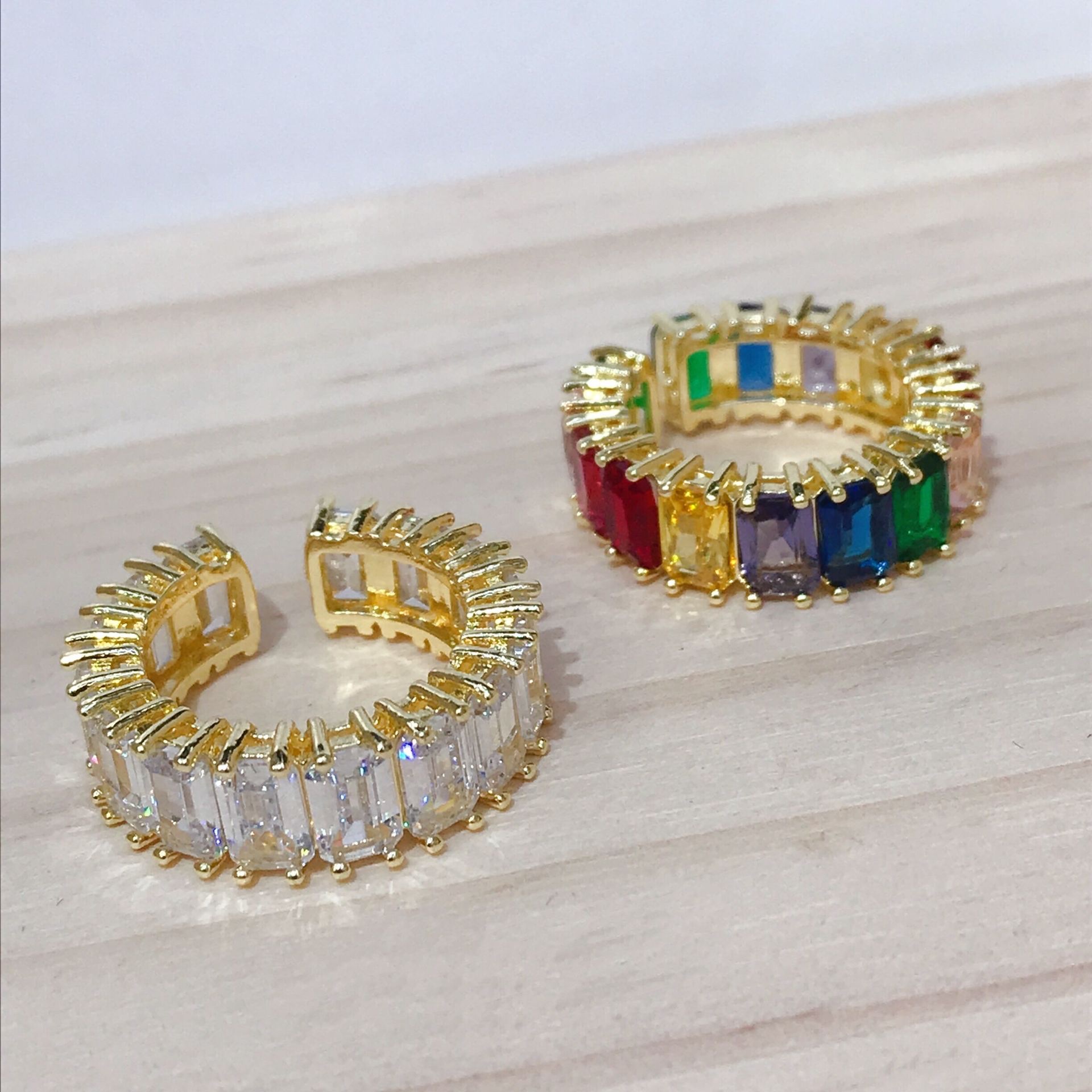 Net Red Explosive Cold Wind Geometric Color Crystal Rainbow Rectangular Open Ring Ring Open Ring Japanese And Korean Sen details Picture