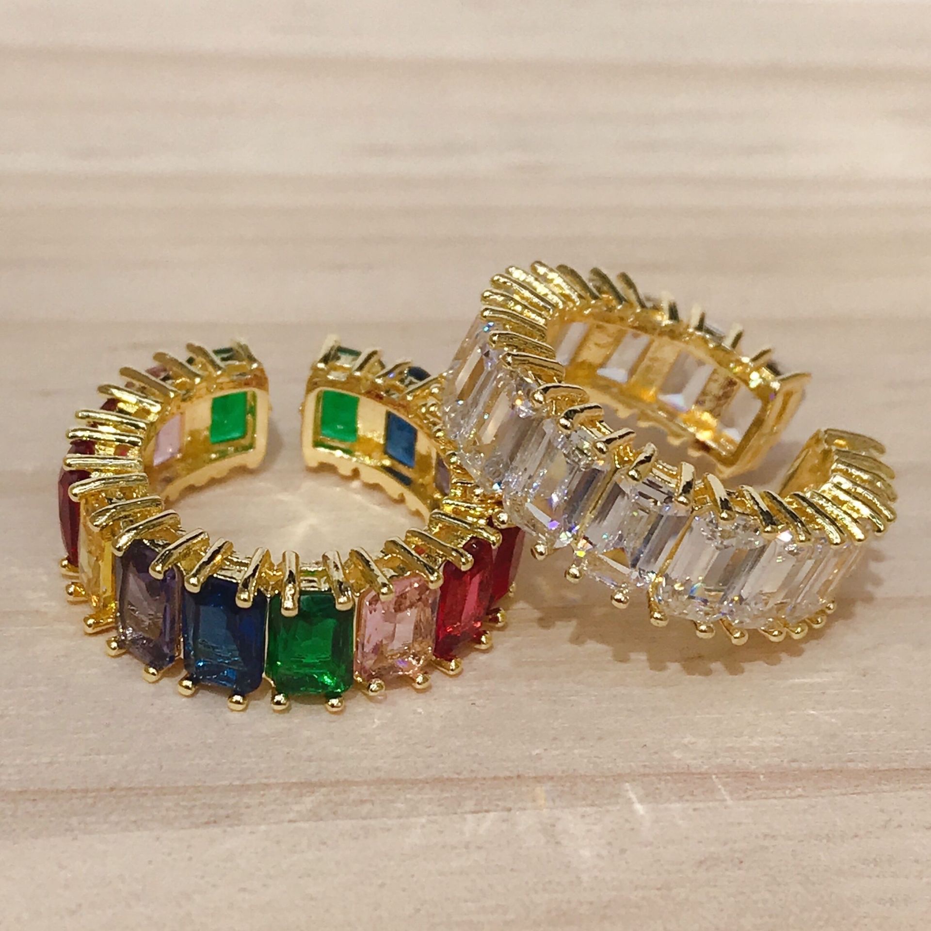 Net Red Explosive Cold Wind Geometric Color Crystal Rainbow Rectangular Open Ring Ring Open Ring Japanese And Korean Sen