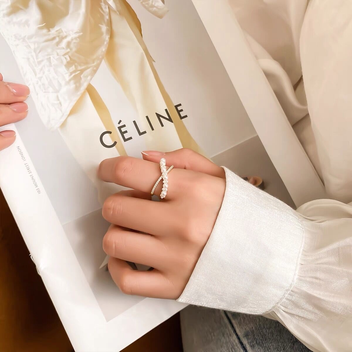 East Gate Ins Pearl Ring Female Fashion Trend Open Index Finger Ring Cold Wind Net Red Diamond Ring Wholesale
