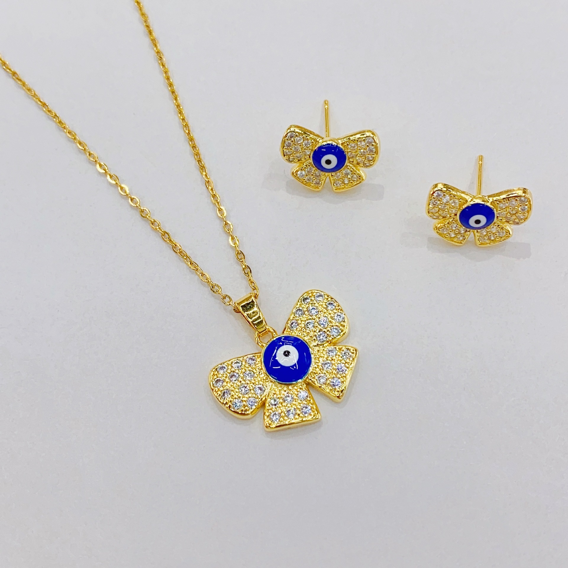 European-American Cross-Border Instagram Wind Devil's Eye Earrings Necklace Set Pendant Copper 18K Butterfly Festival Eye Necklace Earrings details Picture