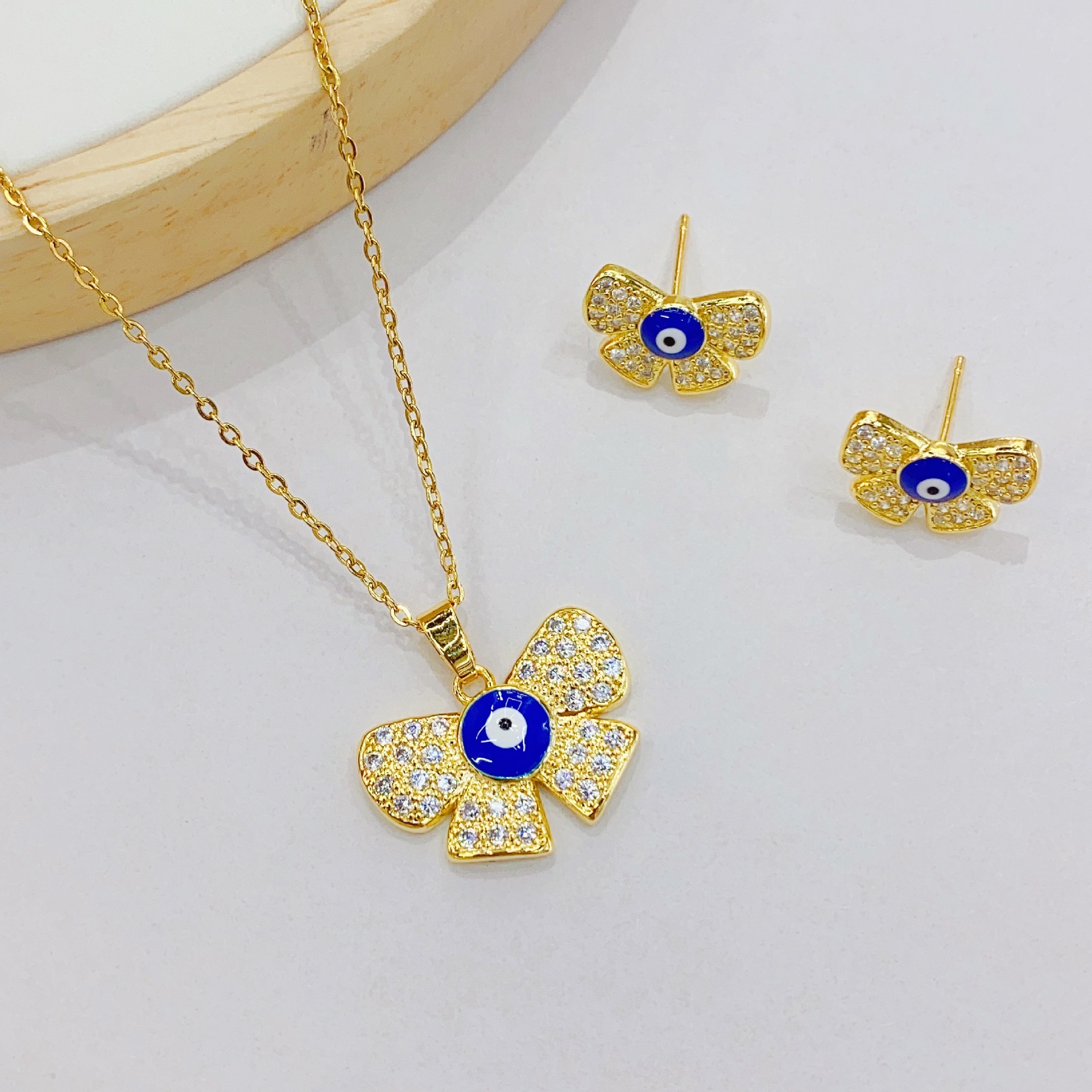 European-American Cross-Border Instagram Wind Devil's Eye Earrings Necklace Set Pendant Copper 18K Butterfly Festival Eye Necklace Earrings Specification drawing