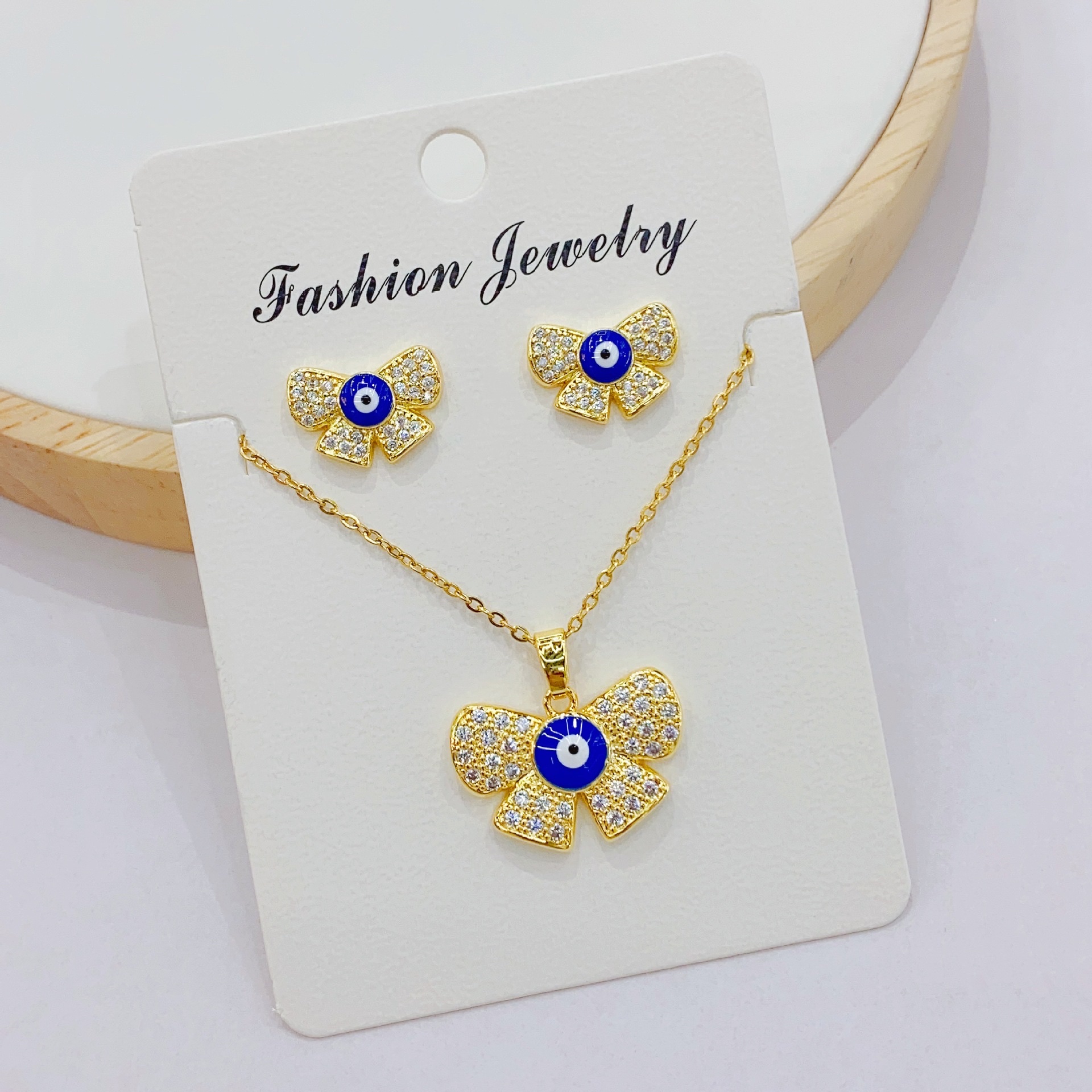 European-American Cross-Border Instagram Wind Devil's Eye Earrings Necklace Set Pendant Copper 18K Butterfly Festival Eye Necklace Earrings