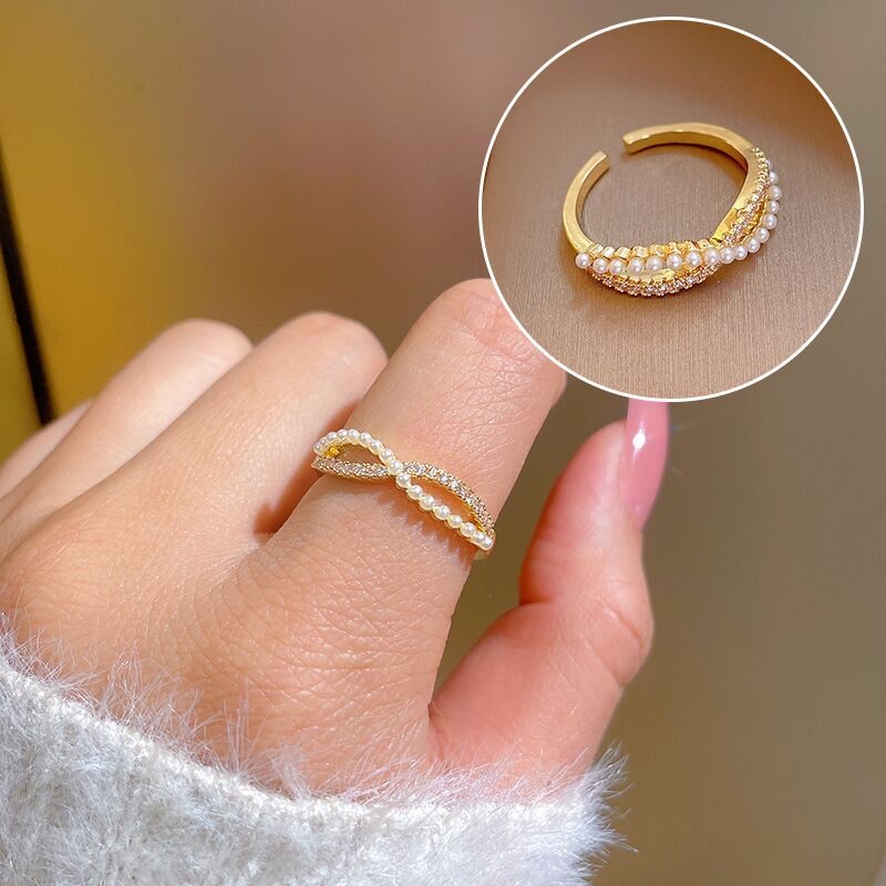 Cool Fashion With Small Fresh Boudoir Pearl Ring Opening Adjustable Copper Zircon Plated Gold Jewelry