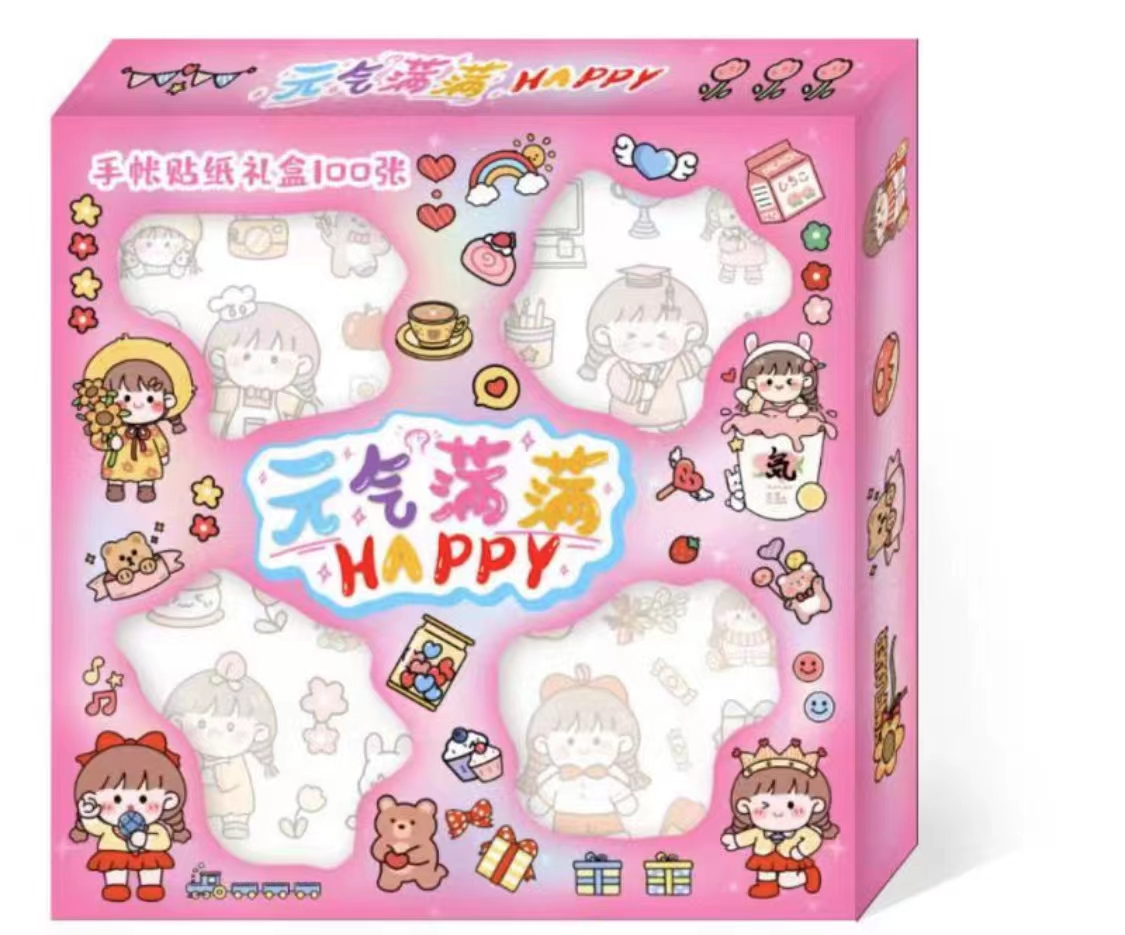 跨境热销网红同款100张贴纸盒装礼盒卡通可爱PET防水手账贴纸100张少女心图案手账DIY素材礼盒系列 女孩生日礼物首选详情3