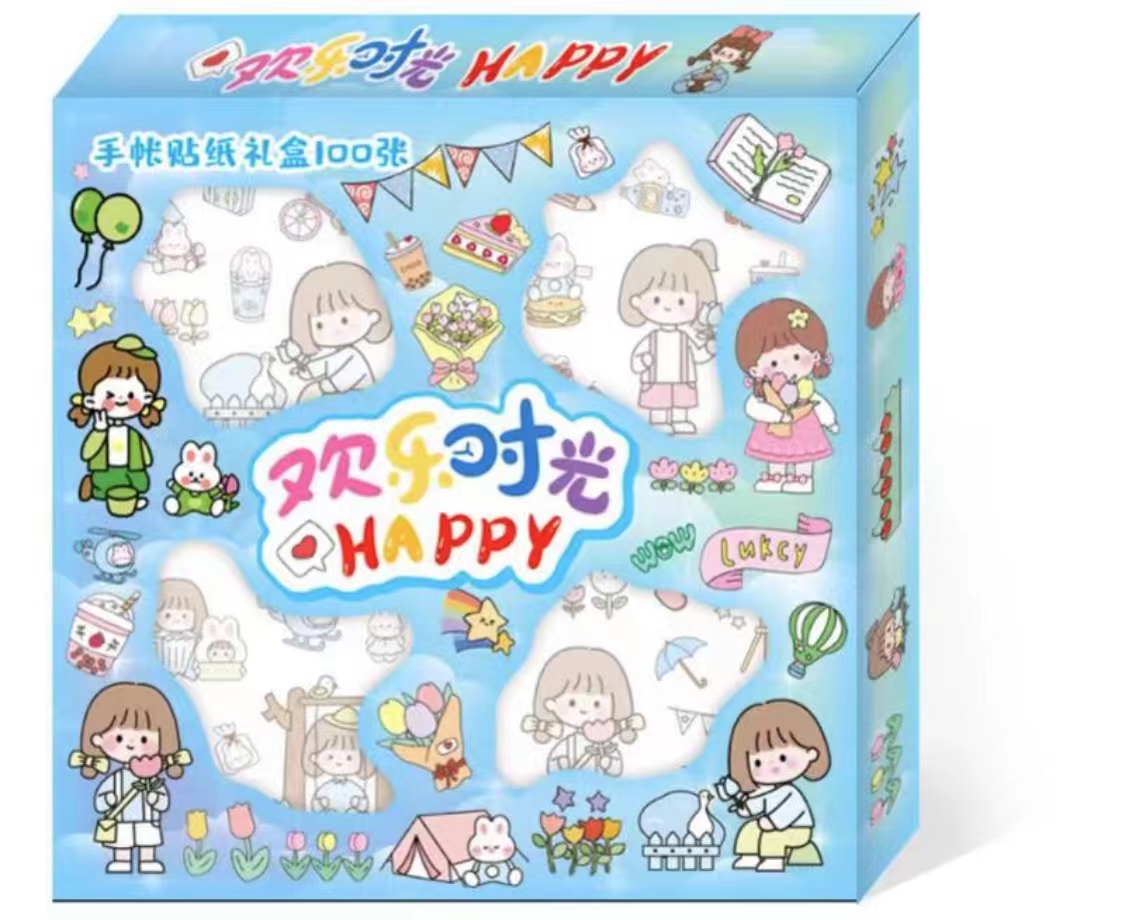 跨境热销网红同款100张贴纸盒装礼盒卡通可爱PET防水手账贴纸100张少女心图案手账DIY素材礼盒系列 女孩生日礼物首选详情2