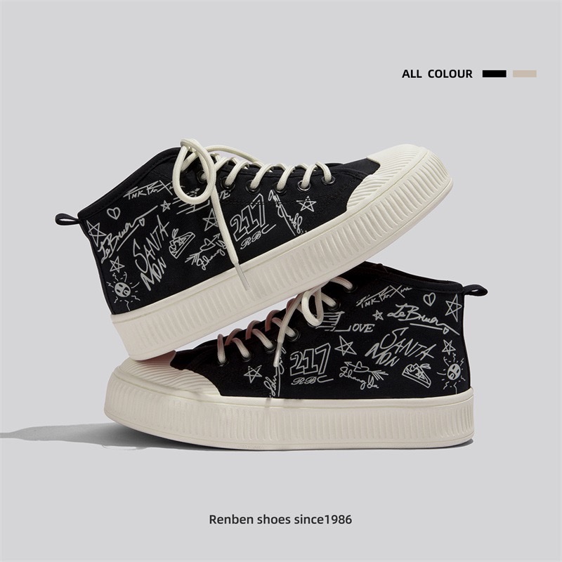 This graffiti casual canvas shoes women 2023 spring new high-top casual shoes text interesting design tide