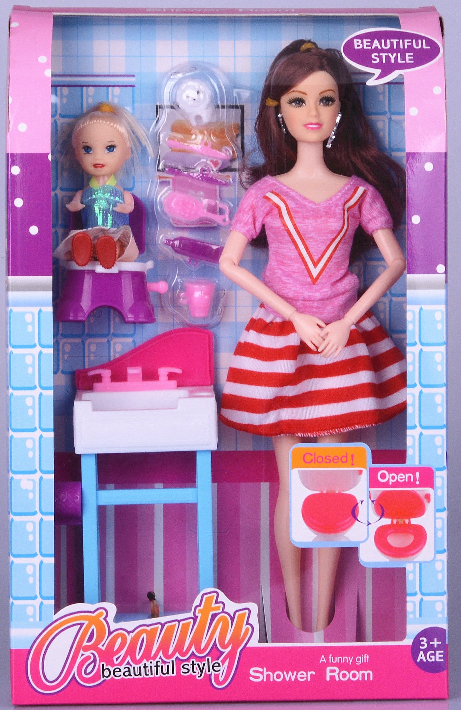 洗漱主题11.5寸大脚芭比带三寸小孩配厕所套装