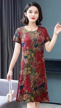 2023 new summer women's dress XL-5XL printed round neck short sleeve loose women's dress red bottom flower imitation silk skirt