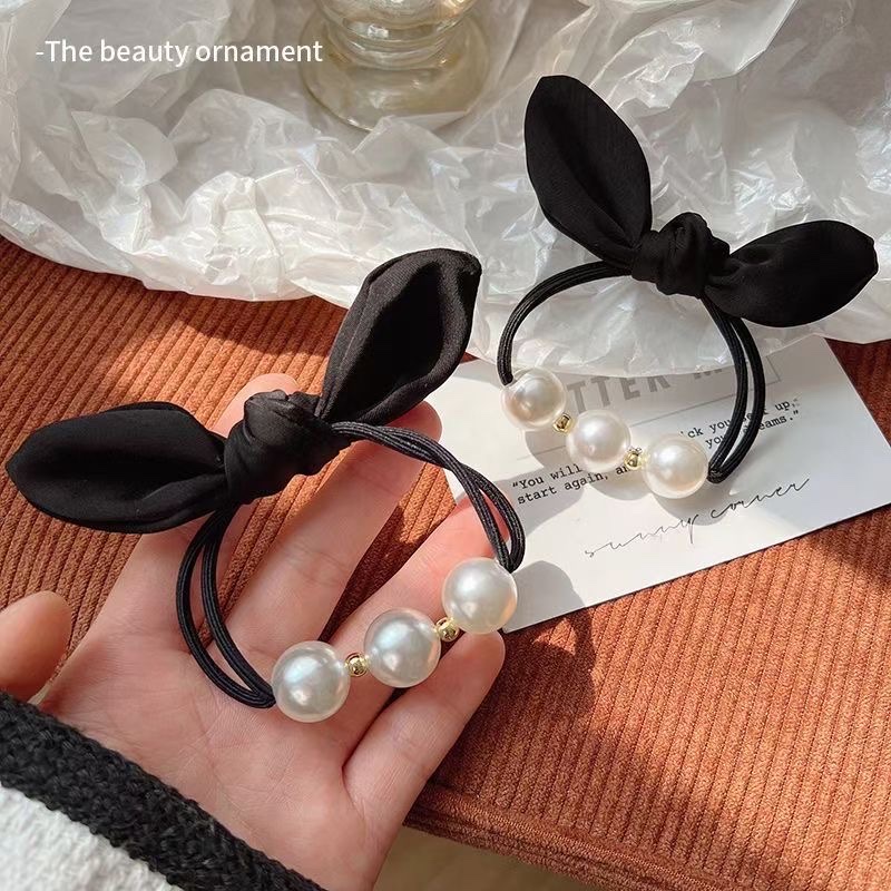 Black Rabbit Ears Bow Pearl Scrunchie High Elastic Durable Rubber Band Girls Hair Ponytail Rope Headwear