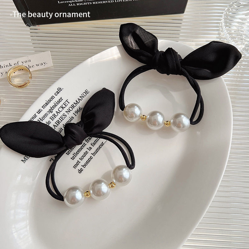 Black Rabbit Ears Bow Pearl Scrunchie High Elastic Durable Rubber Band Girls Hair Ponytail Rope Headwear Item Picture