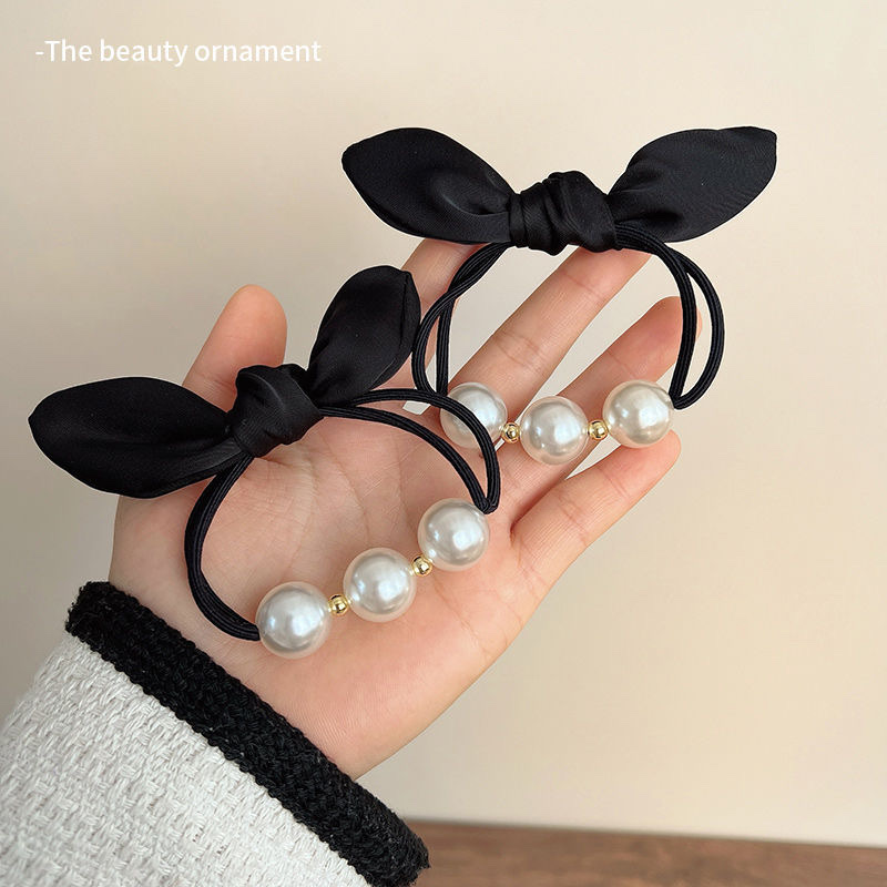 Black Rabbit Ears Bow Pearl Scrunchie High Elastic Durable Rubber Band Girls Hair Ponytail Rope Headwear Application Scenario