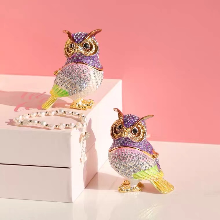 Alloy Animal Jewelry Box Owl Ornament With Diamond Owl Gift Ornament
