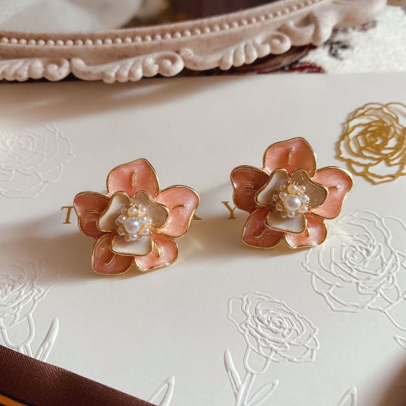 French Vintage Earrings Beautiful flowers Drop oil enamel Pearl 925 Silver needle earrings Fashion simple temperament earrings