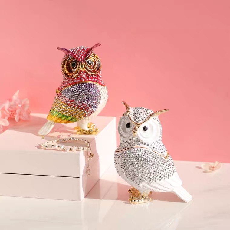 Alloy Animal Jewelry Box Owl Ornament With Diamond Owl Gift Ornament details Picture