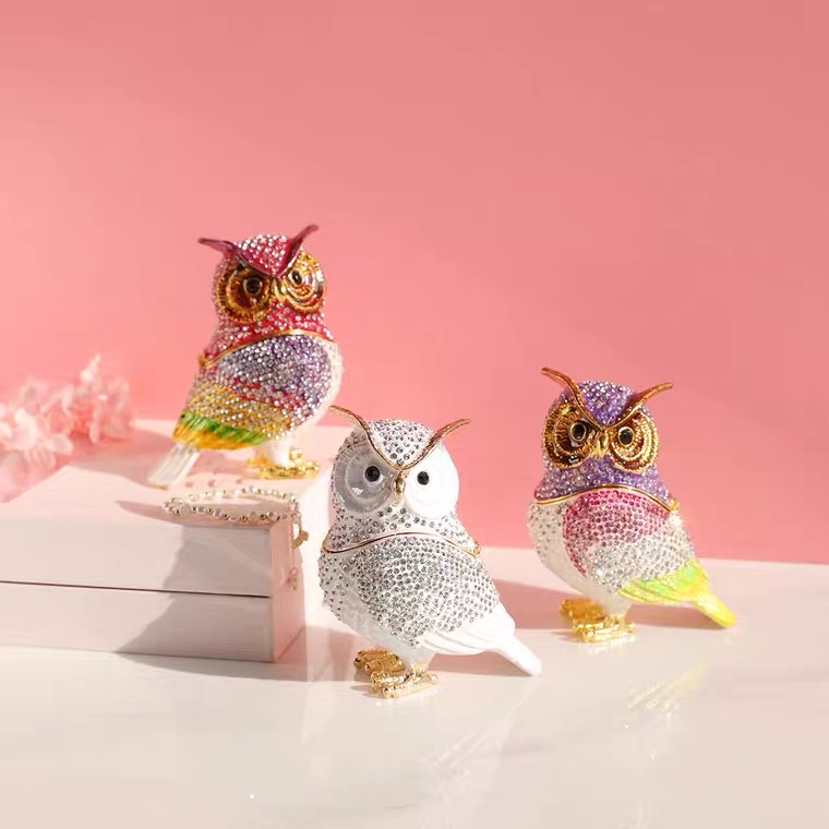 Alloy Animal Jewelry Box Owl Ornament With Diamond Owl Gift Ornament Item Picture