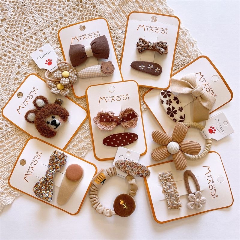South Korea Early Autumn Sweet Milk Coffee Bow Hair Clip Children Fabric Bb Clip Cute 5 Flower Cotton Girl Hair Rope Specification drawing