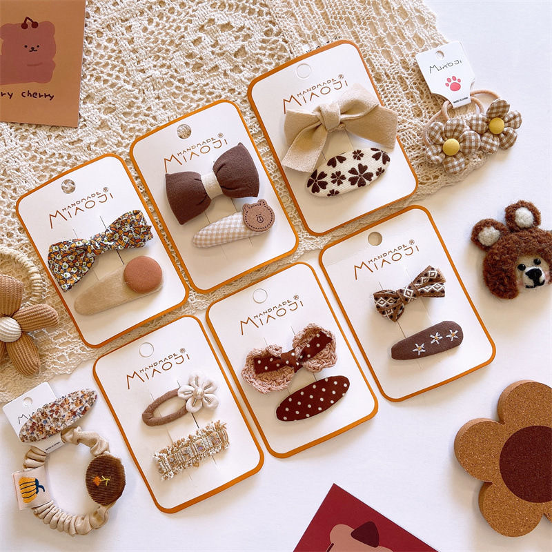 South Korea Early Autumn Sweet Milk Coffee Bow Hair Clip Children Fabric Bb Clip Cute 5 Flower Cotton Girl Hair Rope details Picture