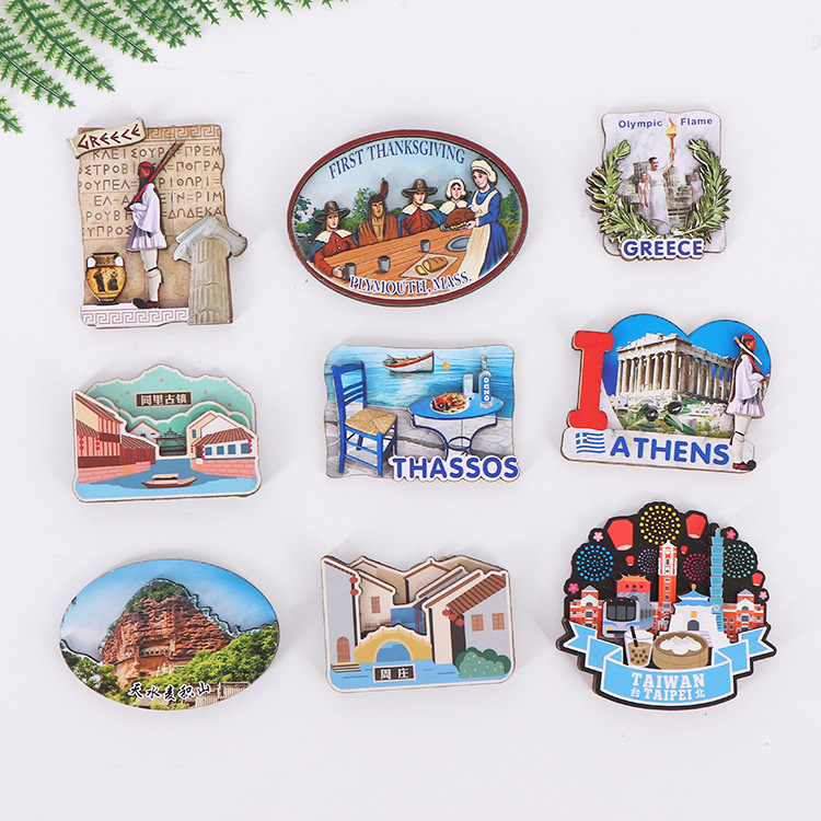 Creative cartoon message fridge magnets, personalized wooden fridge magnets for urban tourism, 3D stereoscopic scenic area tourism commemorative magnets full figure