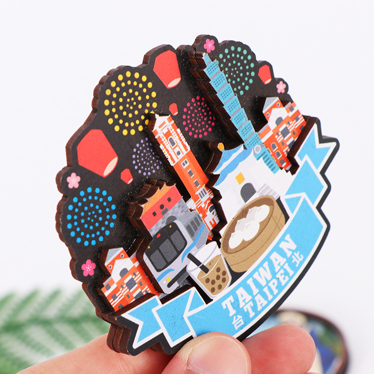 Creative cartoon message fridge magnets, personalized wooden fridge magnets for urban tourism, 3D stereoscopic scenic area tourism commemorative magnets Specification drawing