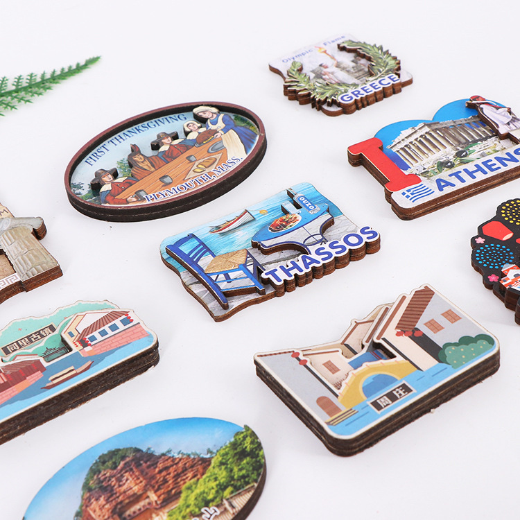 Creative cartoon message fridge magnets, personalized wooden fridge magnets for urban tourism, 3D stereoscopic scenic area tourism commemorative magnets Application Scenario
