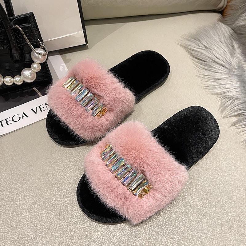 Foreign Trade New Color Chain Home Fluffy Slippers Fashion Warm Big Fur Opening Rhinestone Cotton Slippers Item Picture