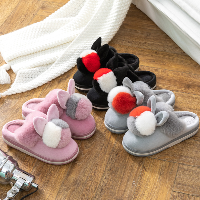 New Fur Ball Thick Bottom Rabbit Cartoon Cotton Slippers Floor Drag Warm Non-Slip Indoor Cute Cotton Slippers