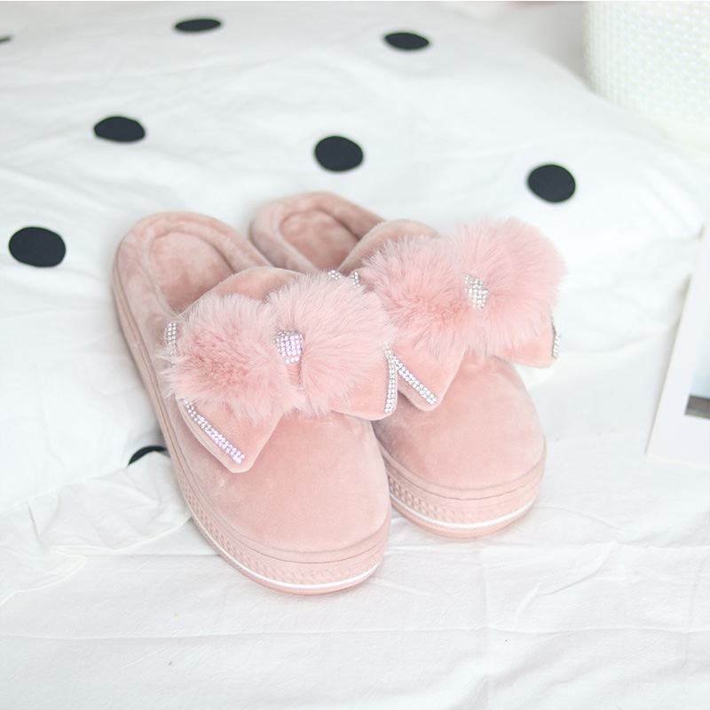 Autumn And Winter Fashion Warm Home Cute Cotton Slippers Thick Sole Bow Cute Cotton Slippers Bow