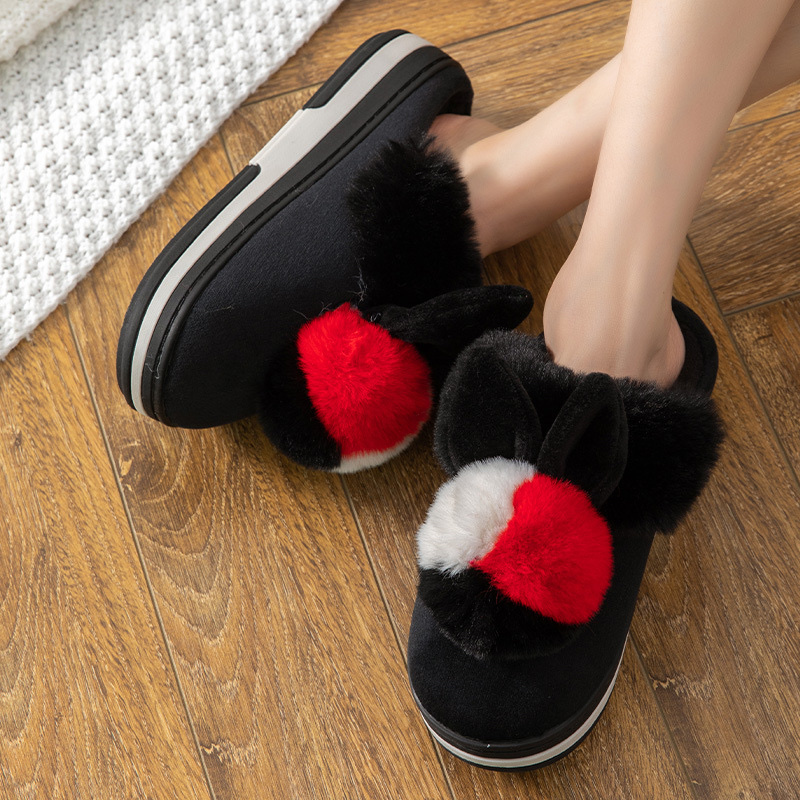 New Fur Ball Thick Bottom Rabbit Cartoon Cotton Slippers Floor Drag Warm Non-Slip Indoor Cute Cotton Slippers Item Picture