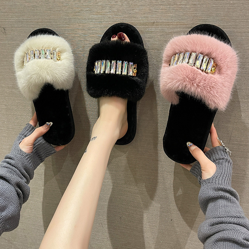Foreign Trade New Color Chain Home Fluffy Slippers Fashion Warm Big Fur Opening Rhinestone Cotton Slippers