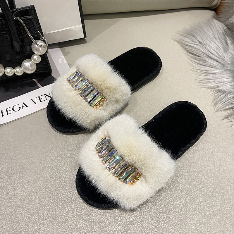 Foreign Trade New Color Chain Home Fluffy Slippers Fashion Warm Big Fur Opening Rhinestone Cotton Slippers Specification drawing