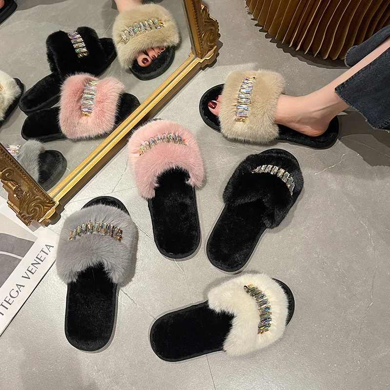 Foreign Trade New Color Chain Home Fluffy Slippers Fashion Warm Big Fur Opening Rhinestone Cotton Slippers details Picture