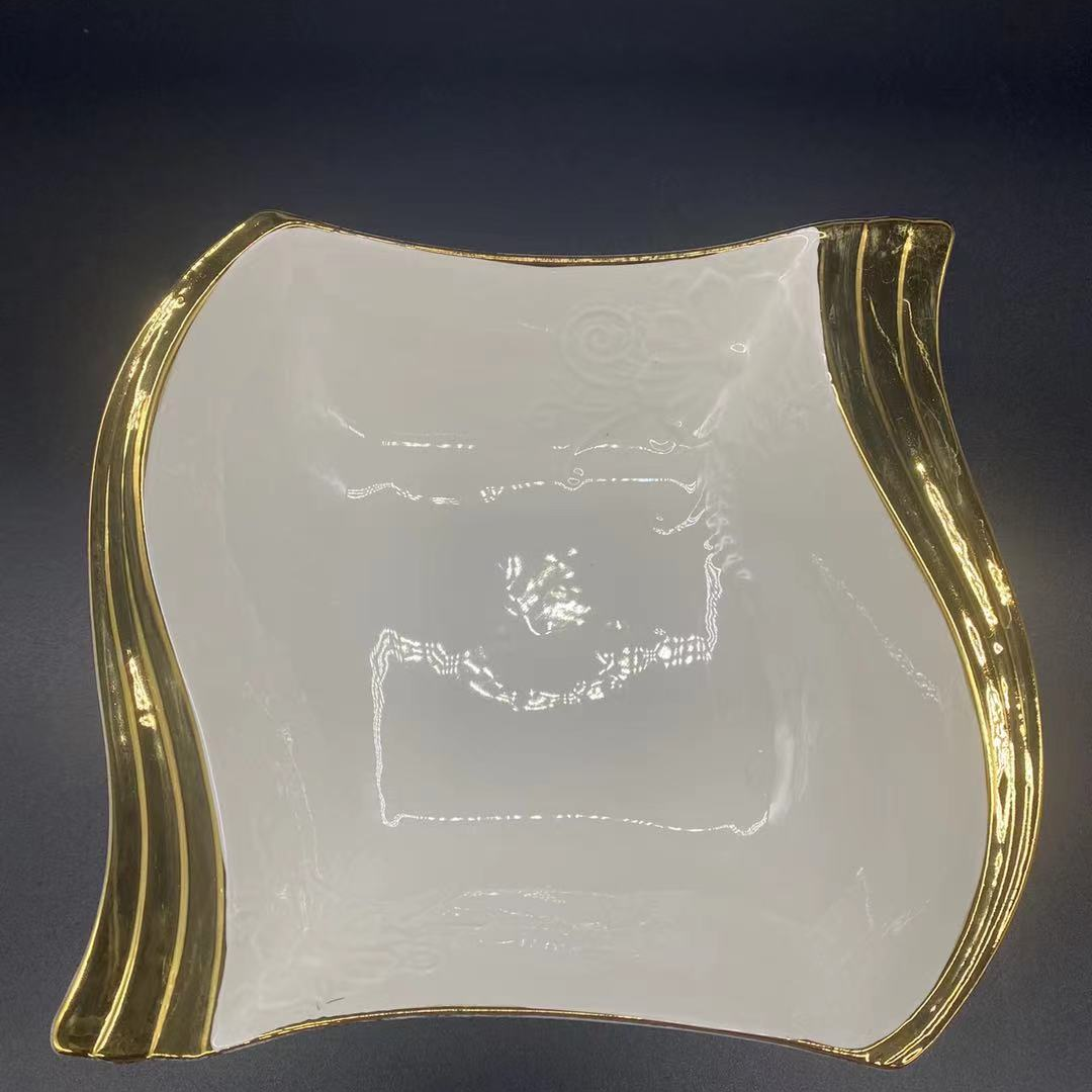 XDS694285 ceramic deformed household daily white plate + electroplated edge ceramic dinner plate details Picture