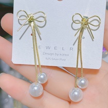 S925 Silver needle bow earrings beautiful everything temperament lady dry atmosphere pearl earrings personality Sueyebrow
