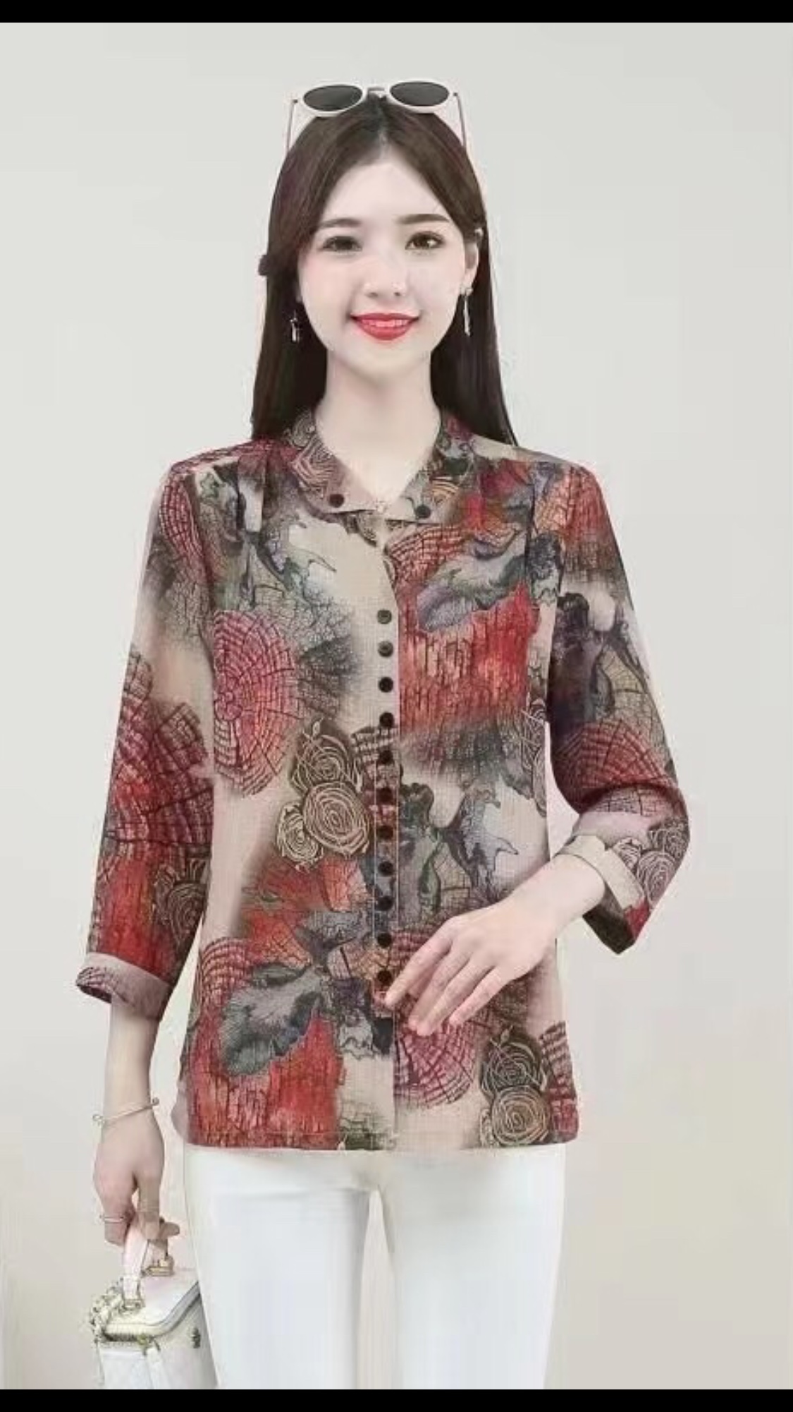 2023 New Summer Women's Wear XL-5XL printed mid-sleeved horn-neck cardigan top for middle-aged moms details Picture