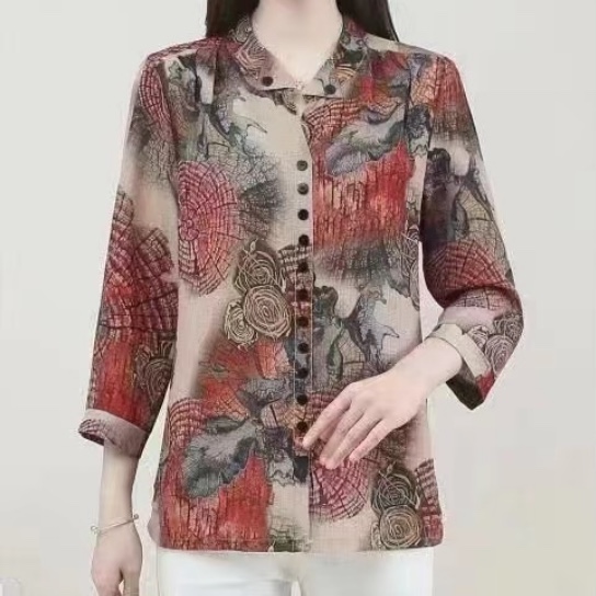 2023 New Summer Women's Wear XL-5XL printed mid-sleeved horn-neck cardigan top for middle-aged moms Specification image