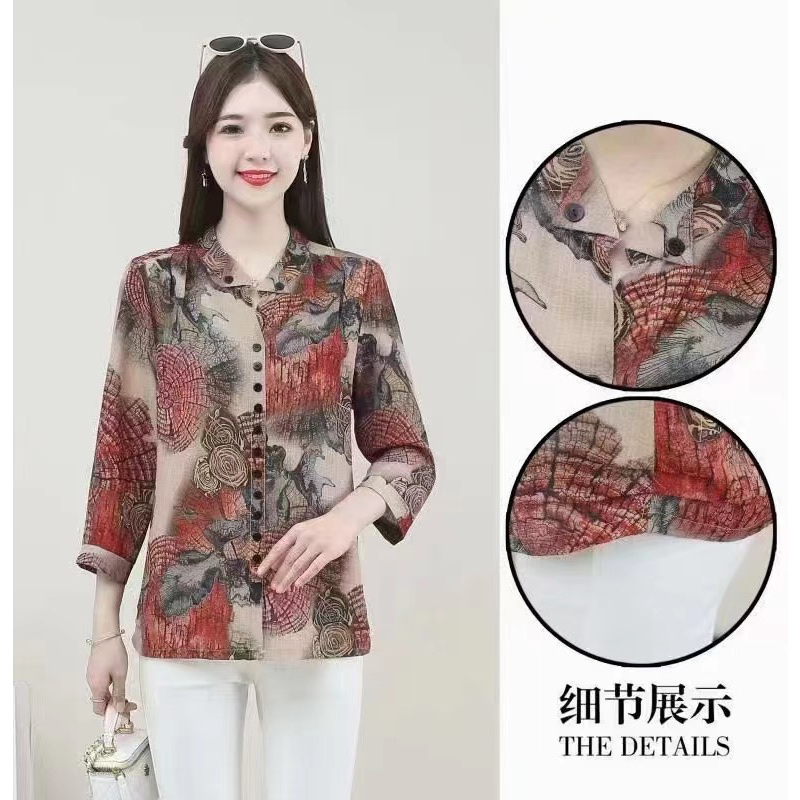 2023 New Summer Women's Wear XL-5XL printed mid-sleeved horn-neck cardigan top for middle-aged moms Application Scenario