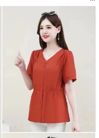 2023夏季新款女装中年收腰Ｖ领上衣XL-5XL橘色开衫详情图3