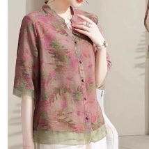 2023 Summer New Women's Wear for Middle-aged Moms: Short-sleeved two-color printed Top XL-5XL Color cardigan details Picture